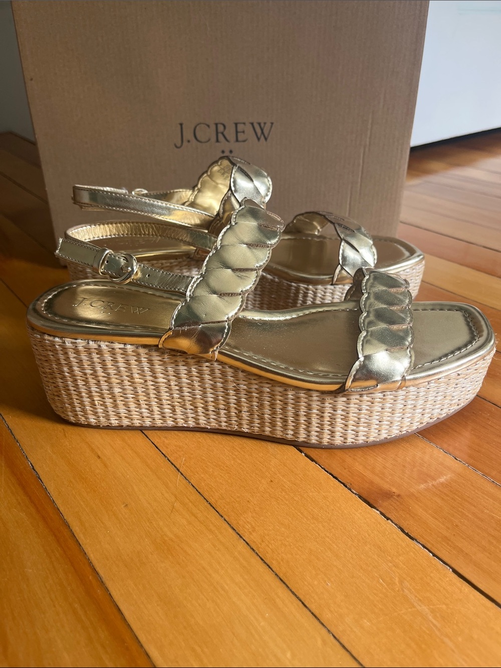 J. Crew Metallic Gold Braided Espadrille Wedge Sandals